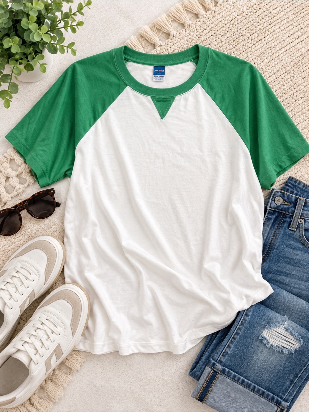 Old Navy White Tee with Green Raglan Sleeves